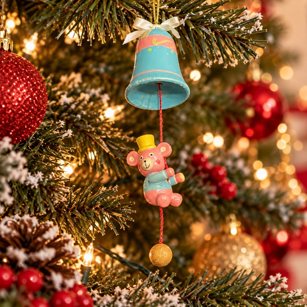 Vintage Blue Pink Climbing Bear Bell Wooden Christmas Ornament 6” Holiday Decor